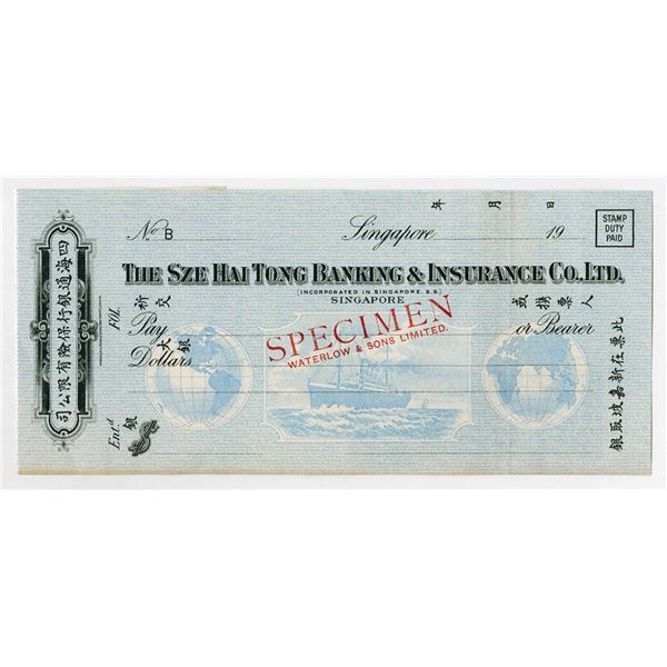 Sze Hai Tong Banking & Insurance Co., Ltd. Specimen Draft/Check by Waterlow & Sons, ca. 1920-30s