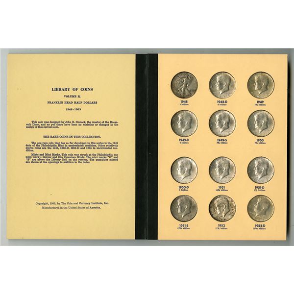 Lot of 32 Franklin and Kennedy Half Dollars, 90% and 40% Silver, mounted in Library of Coins Volume
