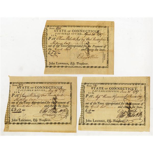 State of Connecticut, "Out of Taxes" 1787, Lot of 3 Pay-Table Promissory Notes