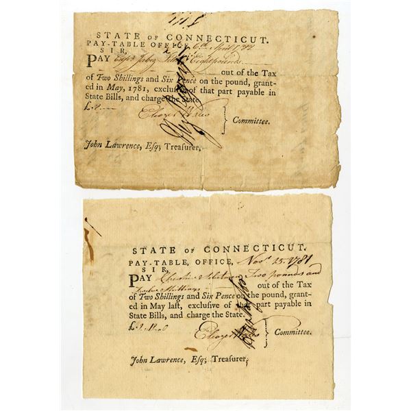 State of Connecticut, 1781 to 1782, Lot of 2 Pay-Table Promissory Notes