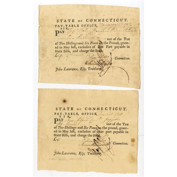 State of Connecticut, 1781 to 1782, Lot of 2 Pay-Table Promissory Notes