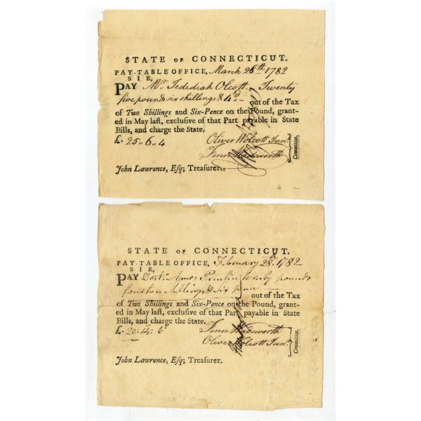 State of Connecticut, 1782, Lot of 2 Pay-Table Promissory Notes
