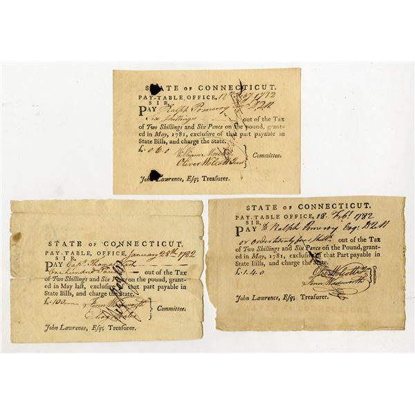 State of Connecticut, 1782, Trio of Pay-Table Promissory Notes