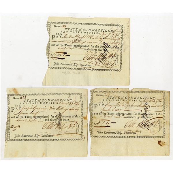 State of Connecticut, 1785 to 1786, Lot of 3 Pay-Table Promissory Notes