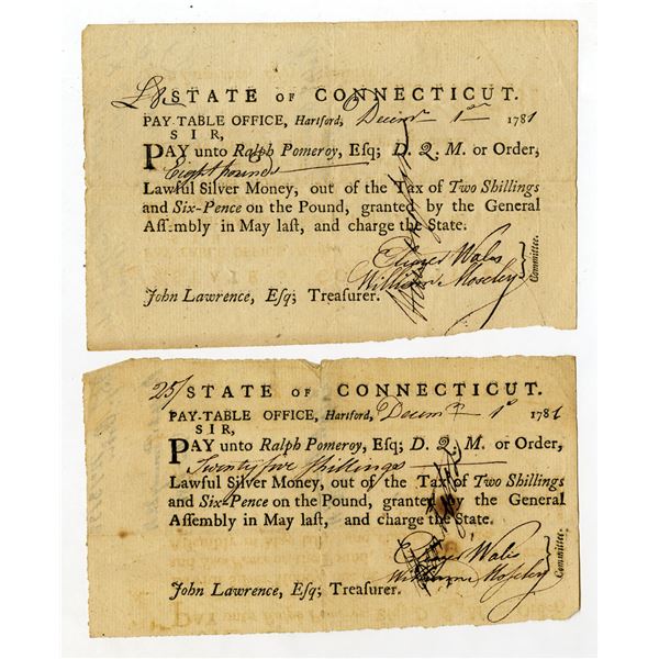 State of Connecticut, Pay-Table Office, "Lawful Silver Money", 1781 Tax Pair Signed by Eliazer Wales