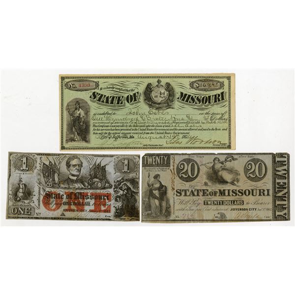State of Missouri, 1862 to 1874, Banknote and Check Assortment