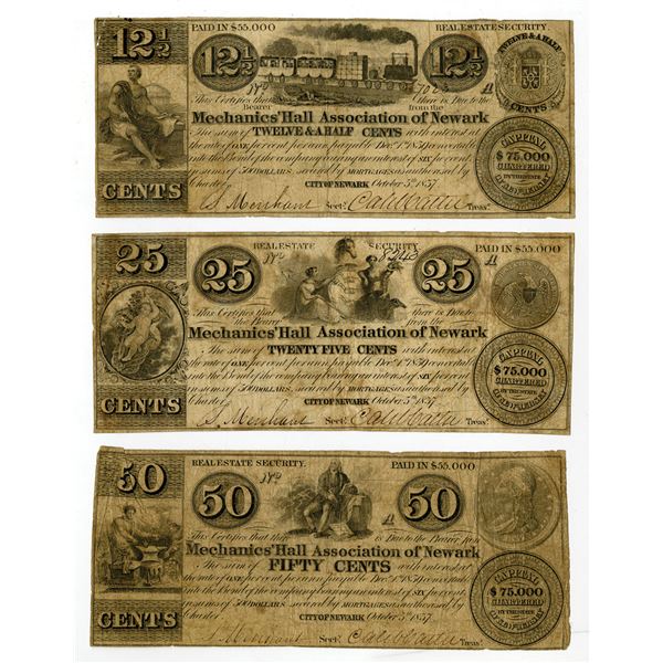 Mechanics' Hall Association, 1837, Obsolete Scrip Note Trio, All with Coin Vignettes.