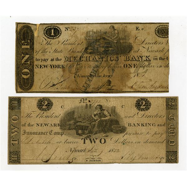 Newark Banking and Insurance Co., Issued 1822, $2 note; and, State Bank at Newark, $1, Contemporary 