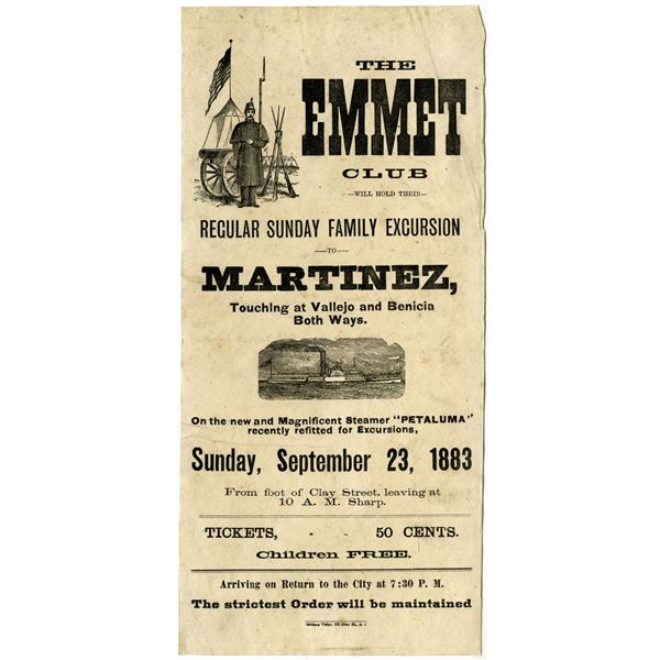 Emmet Club, 1883 Advertising Broadside for a Sunday Family Excursion to Martinez, California