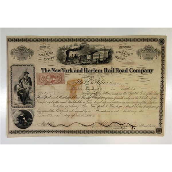 New York & Harlem Rail Road Co., 1863, 50 Shrs I/C Stock Certificate ITASB  F.W. Seward