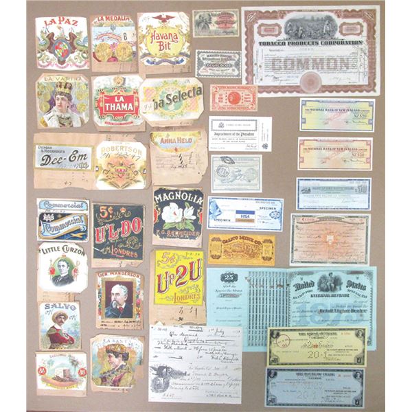 Cigar Label Samples, Stock Certificate, Tickets, Traveler's Checks, Alcohol Prohibition Form, and Ch