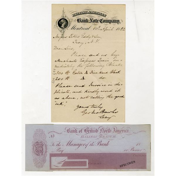 British American Bank Note Co., 1882 Letterhead with Letter & Bank of British N. America Specimen Ch