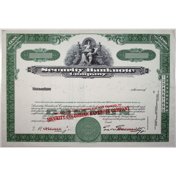 Security Banknote Co., Transition Certificate Security-Columbian Banknote Co., Specimen Stock Certif