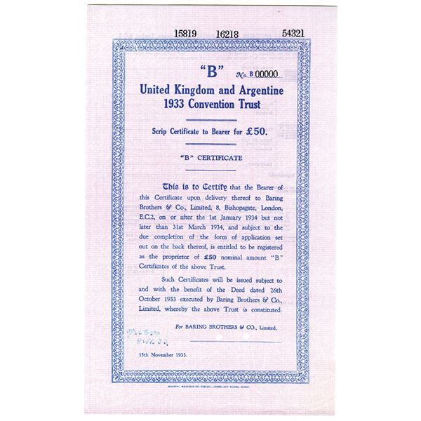 United Kingdom and Argentine 1933 Specimen Convention Trust Certificate