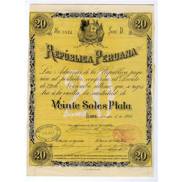 Republica Peruana, Bonos de Reconstruccion, 1894 Issued Bond.