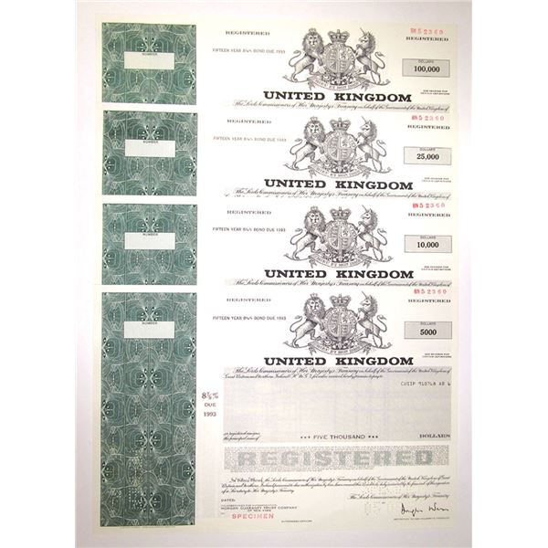United Kingdom, 1978 Specimen Registered Government Bond Group of 4 Different Denominations