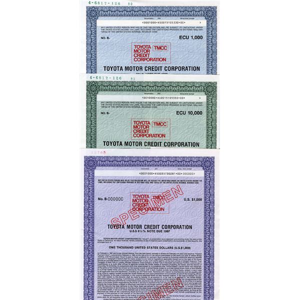 Toyota Motor Credit Corp., 1990 to 1992, Specimen Bond Trio