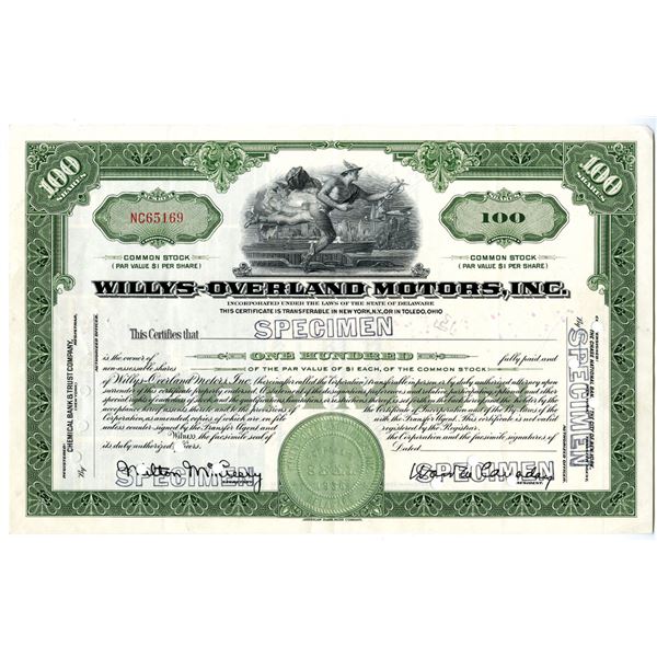 Willys-Overland Motors, Inc., ca. 1920-40s Specimen Stock Certificate