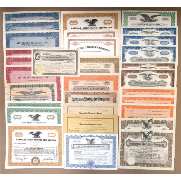 Banking, Finance and Real Estate Stock Certificate Group, I/U and I/C, ca.1910 to 1972