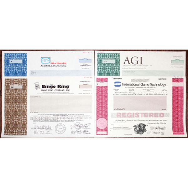 Gaming and Gambling Stock & Bond Certificate Quartet, ca.1981-1990s