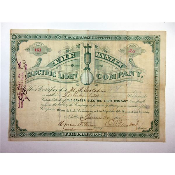 Baxter Electric Light Co., 1884 I/U Stock Certificate.