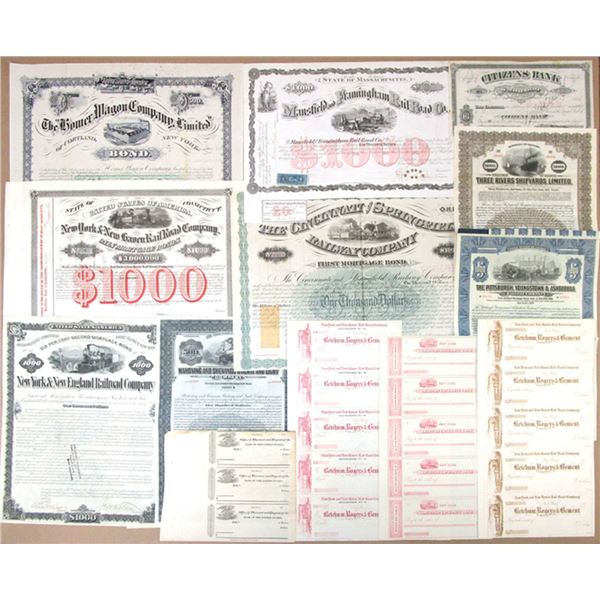 Banking, Railroad, Shipping, and Manufacturing Specimen and Issued Stock and Bond Assortment, ca.183