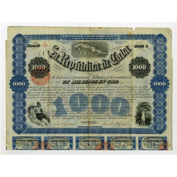 Republica de Cuba, 1872, I/U 1000 Pesos Coupon Bond