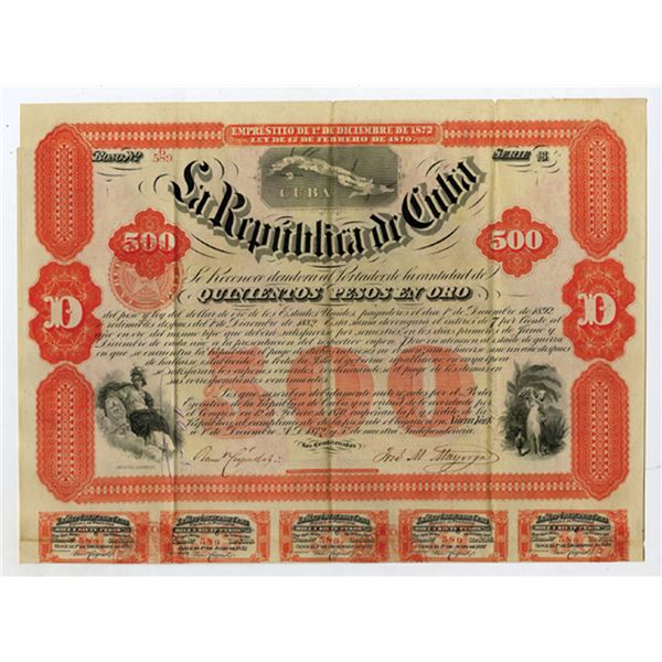 Republica de Cuba, 1872, I/U 500 Pesos Coupon Bond