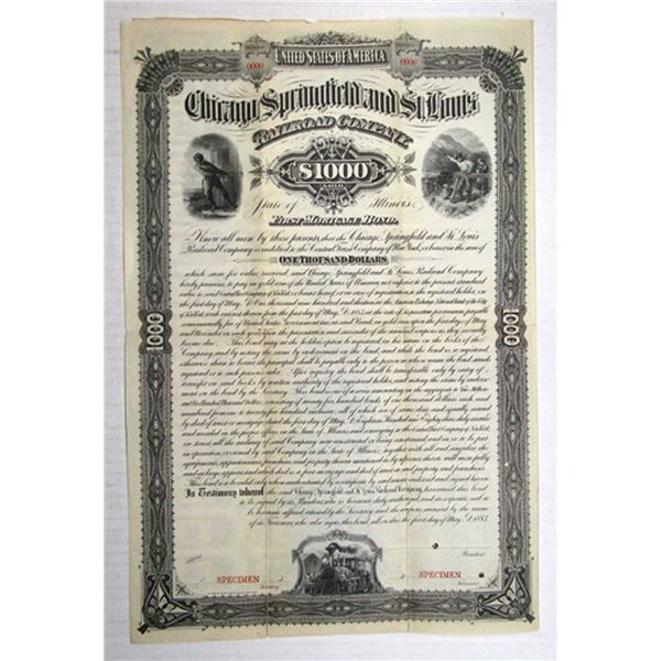 Chicago Springfield and St Louis Railroad. 1883, Specimen Bond Rarity