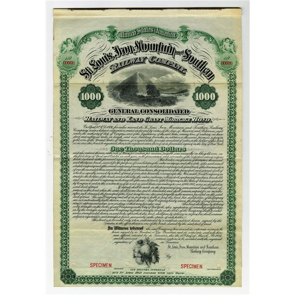 St. Louis, Iron Mountain and Southern Railway Co., 1881, $1000 Specimen Bond.