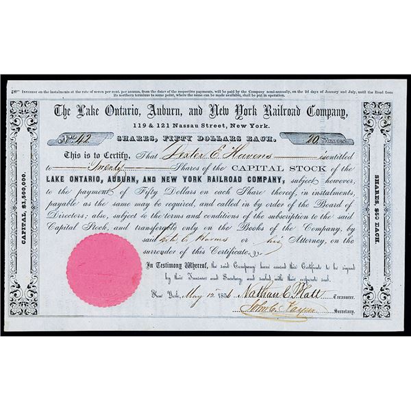 Lake Ontario, Auburn, and New York Railroad Co. 1856 I/U Stock Certificate.