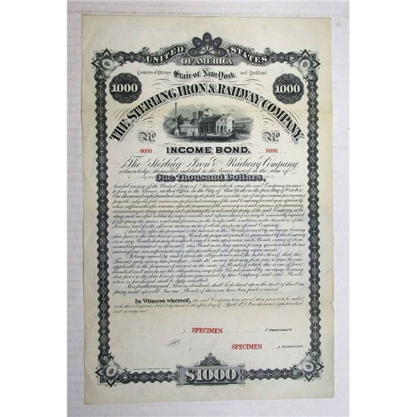 NY. Sterling Iron & Railway Co, 1876, Specimen Bond Rarity