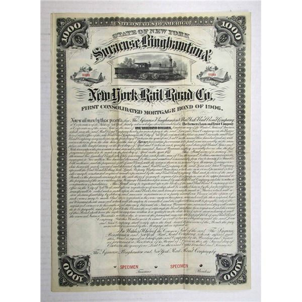 Syracuse, Binghamton & New York Rail Road Co., 1876, Specimen Bond Rarity, Unique in ABN Archives