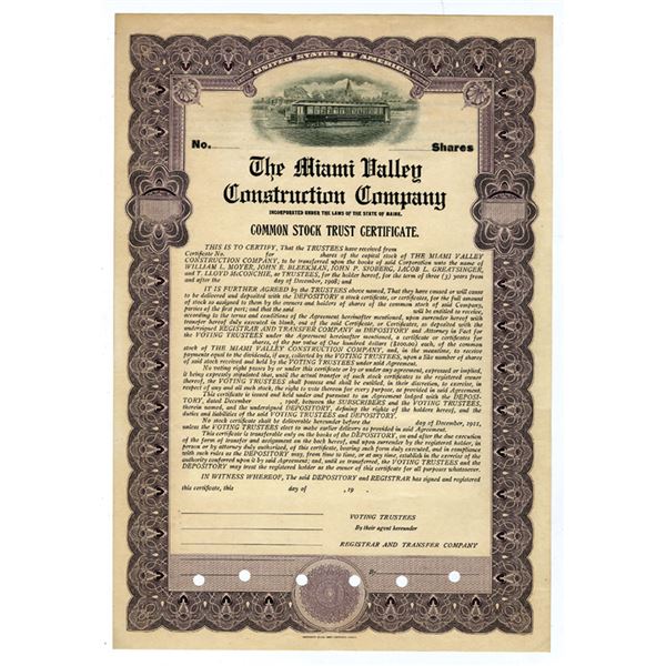 Miami Valley Construction Co., ND (1920s), Large Format Specimen Stock Certificate