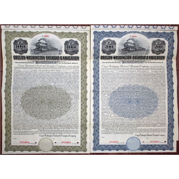 Oregon-Washington Railroad & Navigation Co. 1911 "Series B" Pound Sterling Specimen Bond Pair
