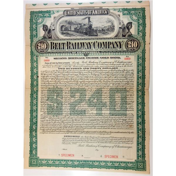 Belt Railway Company of Chattanooga,  1895 Specimen $240 Gold Bond.