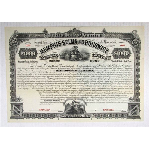 Memphis, Selma & Brunswick Railroad Co., 1882, Specimen Bond
