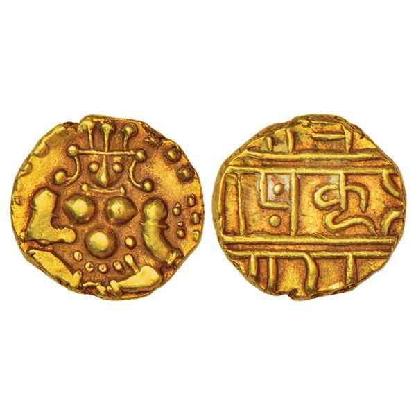 Medieval India: Nayakas of Chitradurga, gold pagoda, 3.30g. Obv: Balakrishna seated facing. Rev: Nag