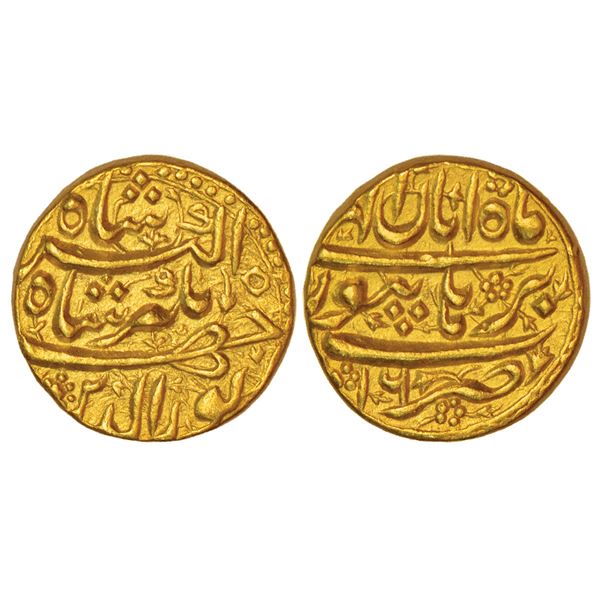 Mughals: Jahangir (1605-1627 AD), gold mohur, Burhanpur mint, Aban, RY 16, KM 176.3, 10.91g. Obv: Pe