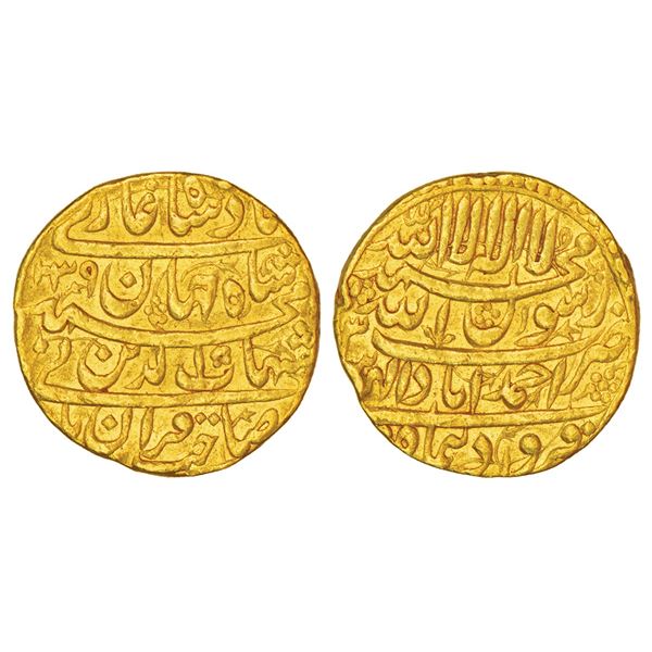 Mughals: Shah Jahan (1628-1658 AD), gold mohur, Ahmadabad mint, Farwardin (Aries), AH 1039/RY 3, KM 