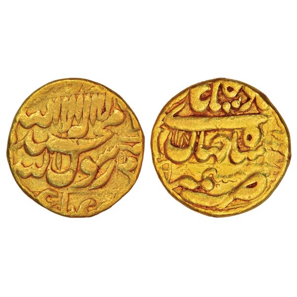 Mughals: Shah Jahan (1628-1658 AD), gold mohur, 'square areas' type, Kashmir mint at bottom, RY 18, 