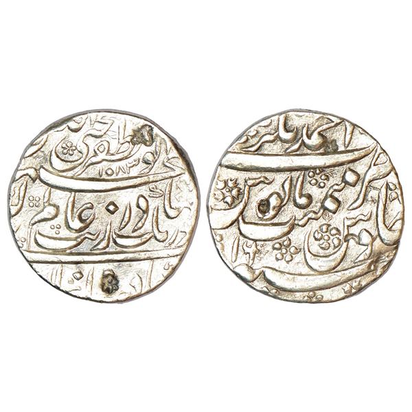 Mughals: Aurangzeb (1658-1707 AD), silver rupee, Ahmadnagar mint at top, AH 1083/RY 16, with Emperor