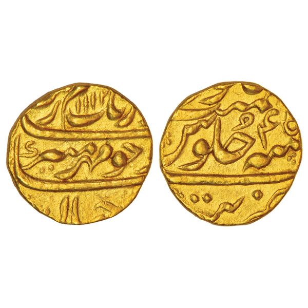 Mughals: Aurangzeb (1658-1707 AD), gold mohur, Tatta mint, 'Mihr-e-munir' couplet, AH 1112/RY 45, KM