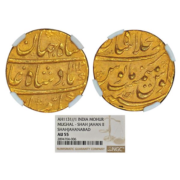 Mughals: Shah Jahan II (1719 AD), gold mohur, Dar ul-Khilafat Shahjahanabad Mint, AH 1131/RY Ahd, KM