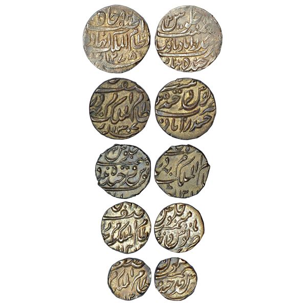 Princely States: Hyderabad, set of 5 silver coins, 1x Afzal-ud Daula, 1 rupee, AH 1275/RY 2, KM Y6, 