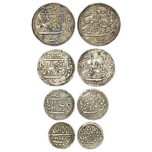 Princely States: Radhanpur, Zorawar Khan (1825-1874 AD), set of 4 silver coins, in the name of Queen
