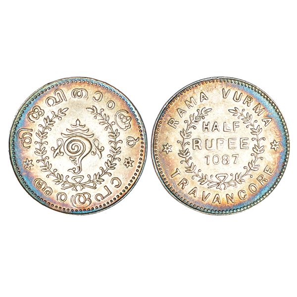 Princely States: Travancore, Rama Varma VI (1885-1924 AD), silver ½ rupee, ME 1087, initial R.V. eng