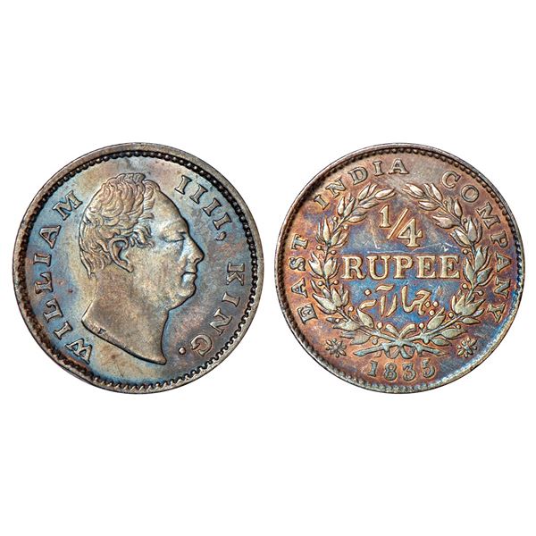 British India: William IV, silver ¼ rupee, 1835, Calcutta mint, F incused, wreath with 19 berries (1