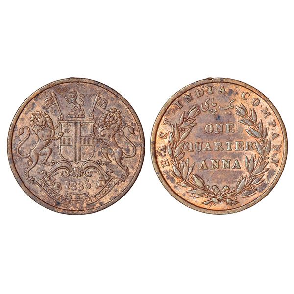 British India: East India Company, copper ¼ anna, 1835, Madras mint, 27 berries, 'Y' of COMPANY oppo