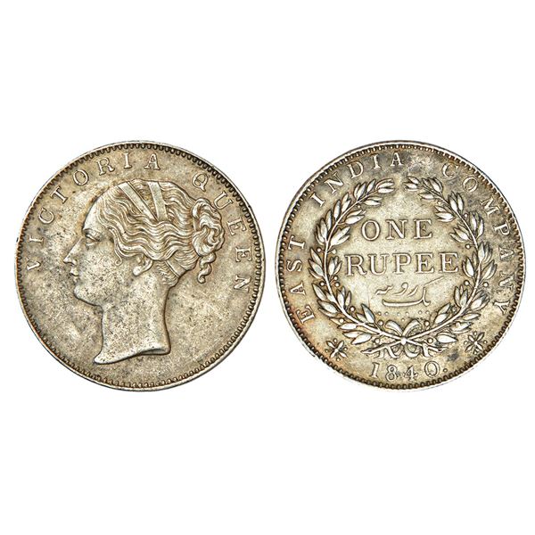 British India: Victoria Queen, continuous legend, silver rupee, 1840, Bombay mint.